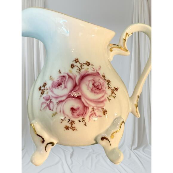 Vtg Weimar Porzellan Germany Pitcher HandPainted Pink Rose Footed Porcelain Jug - Picture 1 of 6